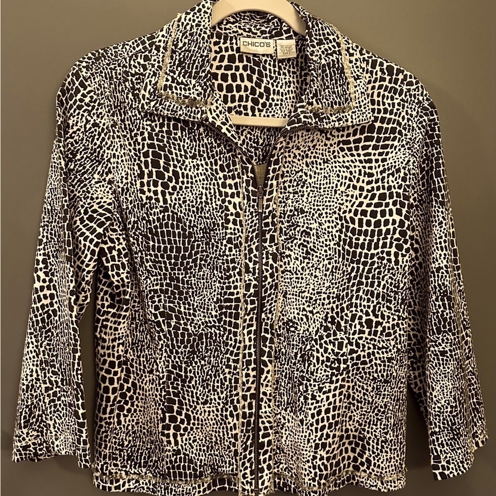 Chico's Black and Creme Animal Print Jacket - Size 0